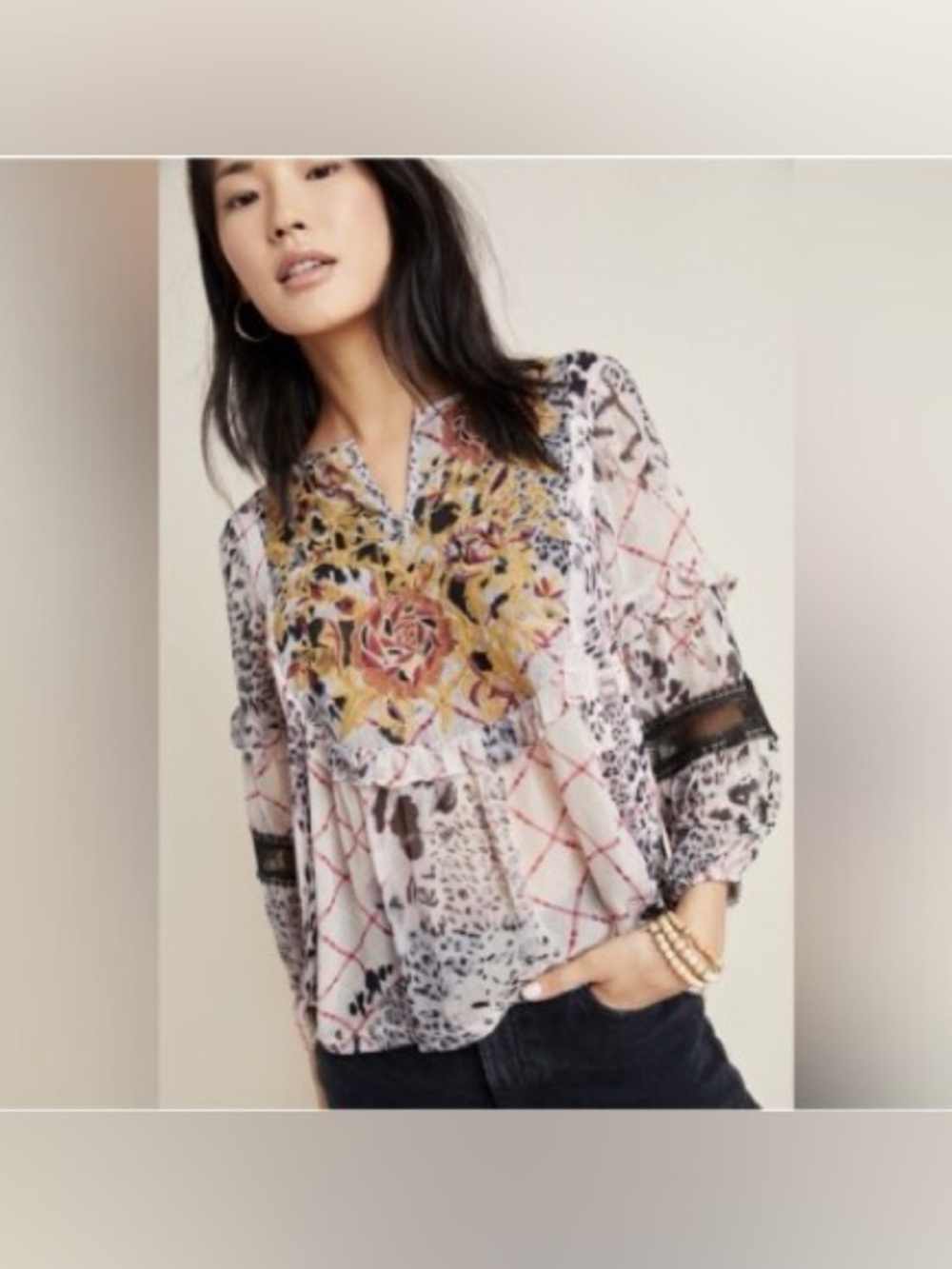 Anthropologie White Mixed-Print Embroidered Peasant Blouse - Picture 8 of 13